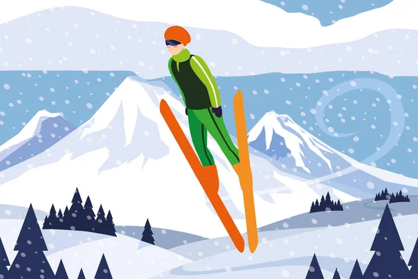 Hombre con esquí de montaña, deporte de invierno — Vector de stock