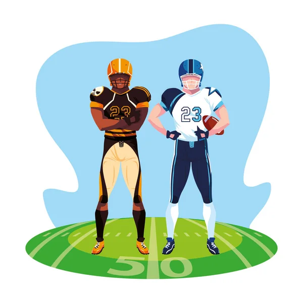 Stadyum çimlerinde Amerikan futbolu oynayan erkekler.
