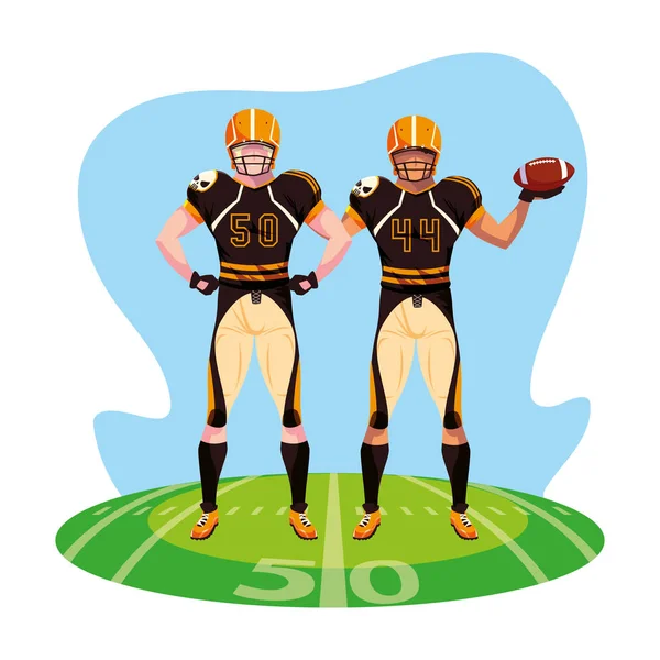 アメリカンフットボールのチーム、スタジアムの芝生にユニフォームを着たスポーツマン — ストックベクタ