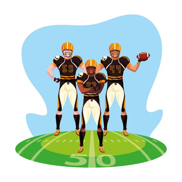 Équipe de joueurs football américain, les sportifs avec uniforme sur gazon du stade — Image vectorielle