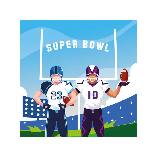 Férfi játékosok amerikai futball címkével Super Bowl — Stock Vector