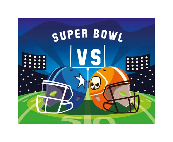 Super Bowl etiketli Amerikan futbolu kaskları. — Stok Vektör