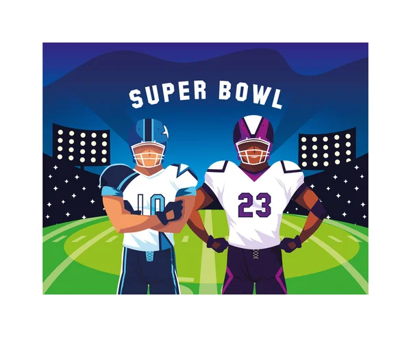 Men players american football with label super bowl — 스톡 벡터