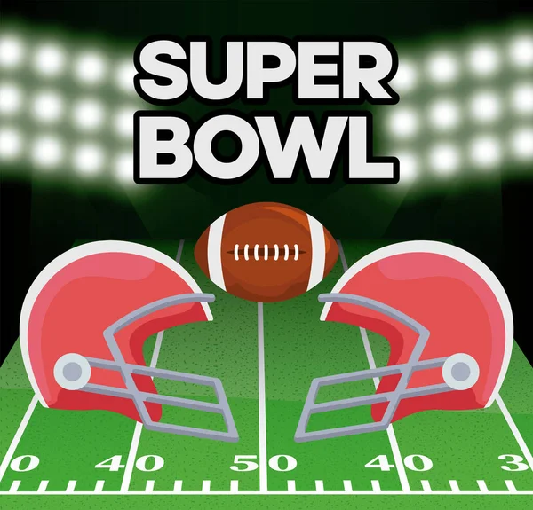 Super bowl bal en helmen over veld vector ontwerp — Stockvector