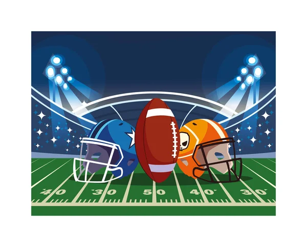 Helmy a míč americký fotbal na stadionu — Stockový vektor