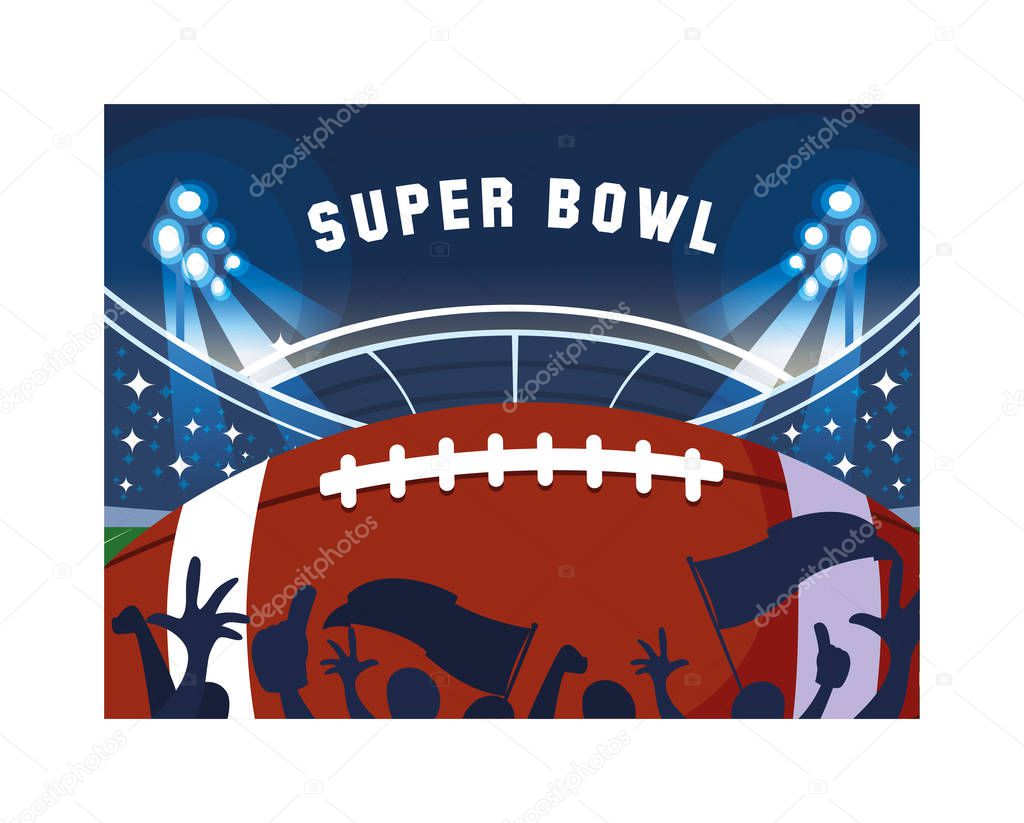 super bowl label with football stadium and ball rugby