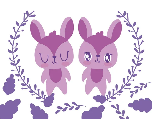 Cute rabbits cartoons and leaves wreath vector design — 스톡 벡터