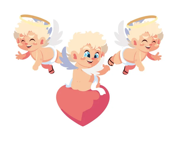 Cute cupid angels in different poses on white background — 스톡 벡터