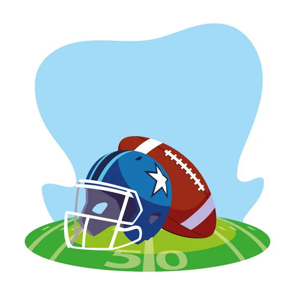 Helm en bal amerikaans voetbal op stadion gras — Stockvector