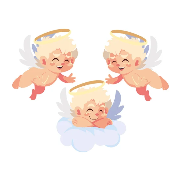 Bonito cupido anjos em diferentes poses no fundo branco — Vetor de Stock