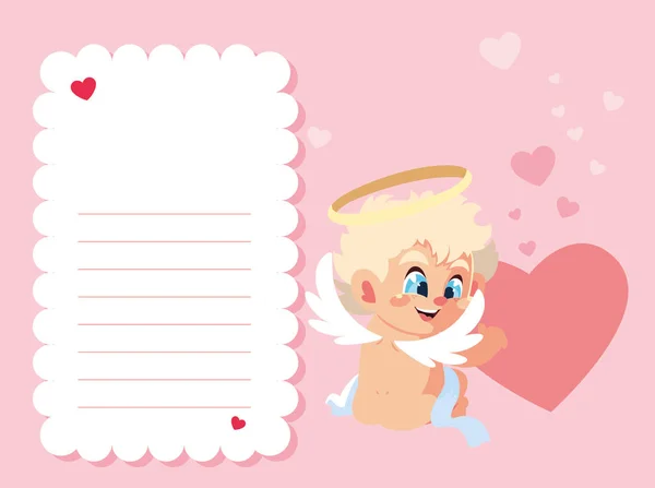 Card valentines day with cupid angel , sheet to write — 스톡 벡터