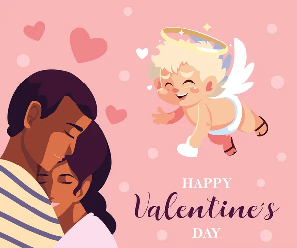 Glückwunschkarte zum Valentinstag, verliebtes Paar und süßer Amor-Engel — Stockvektor