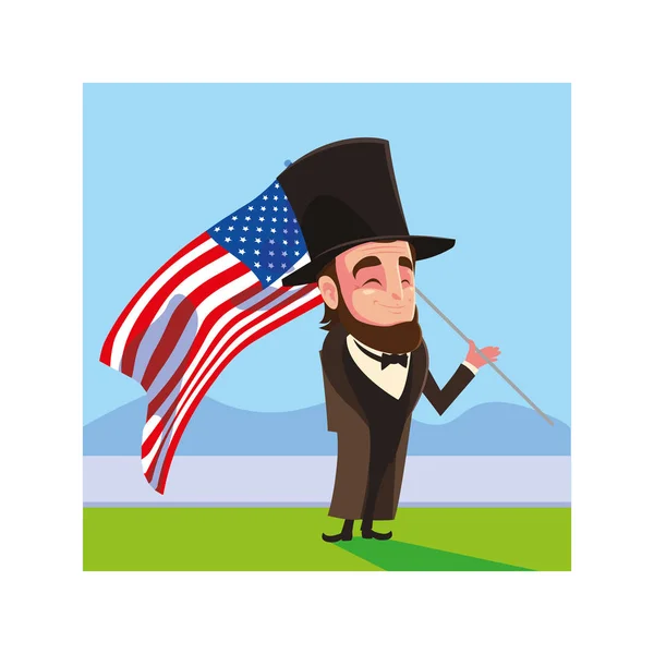 Presidente Abraham Lincoln con bandera EE.UU., tarjeta de día del presidente — Vector de stock