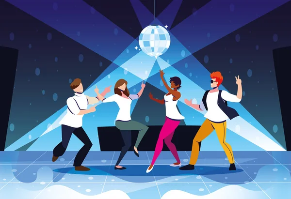 Grupp människor som dansar på nattklubb, fest, dansklubb, musik och nattliv — Stock vektor