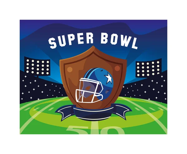 American football helmet in shield with ribbon, label super bowl — Stock Vector