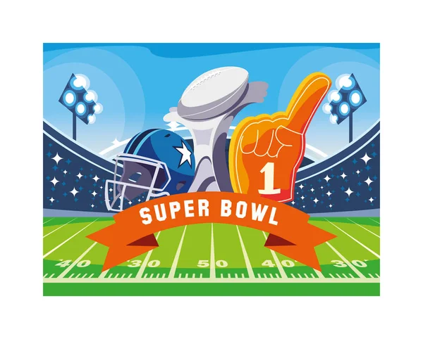 Conjunto de iconos de fútbol americano en la hierba del estadio, etiqueta super bowl — Vector de stock