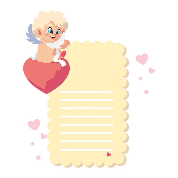 Kaart Valentijnsdag met cupid engel, blad om te schrijven — Stockvector