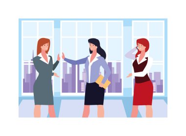 İş ofisindeki iş kadınları, ofisteki arkadaş canlısı ekipte koordineli iş.