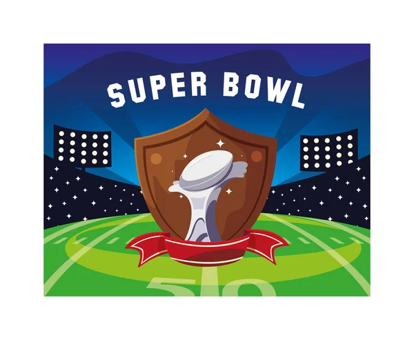 Premio de fútbol americano con cinta en escudo, etiqueta super bowl — Vector de stock
