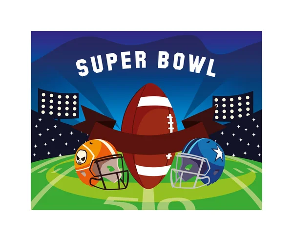 Helmets and ball american football on stadium, label super bowl — 스톡 벡터