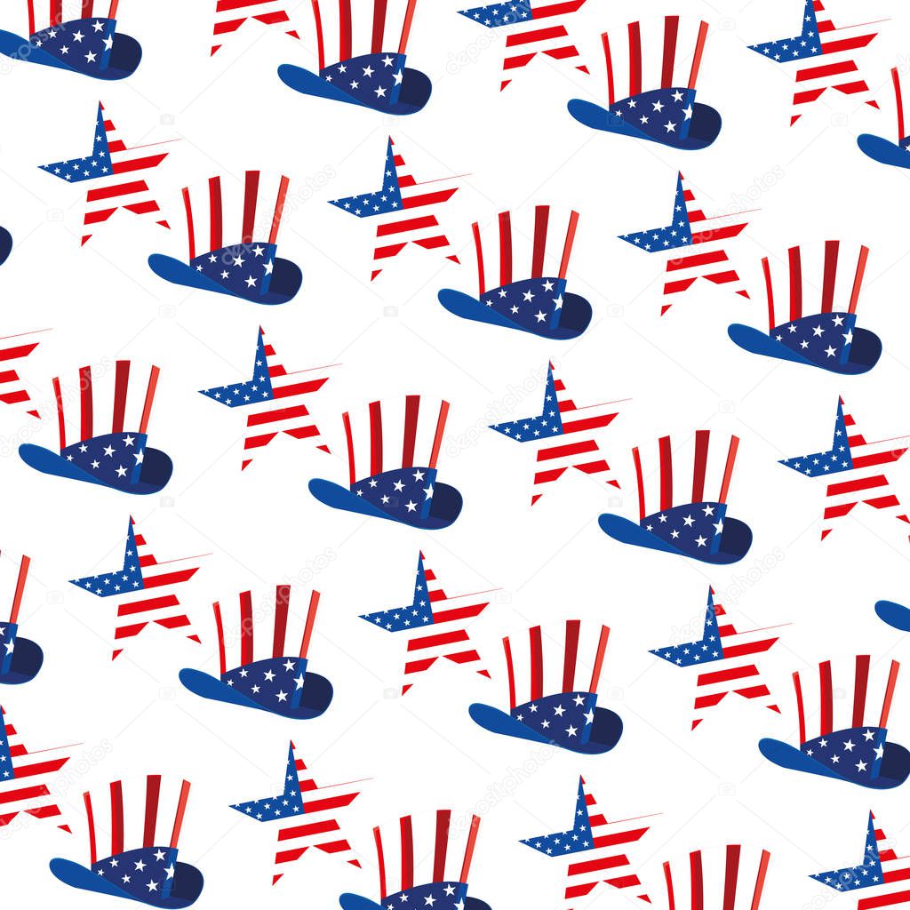 pattern of hats and stars in american flag colors on white background