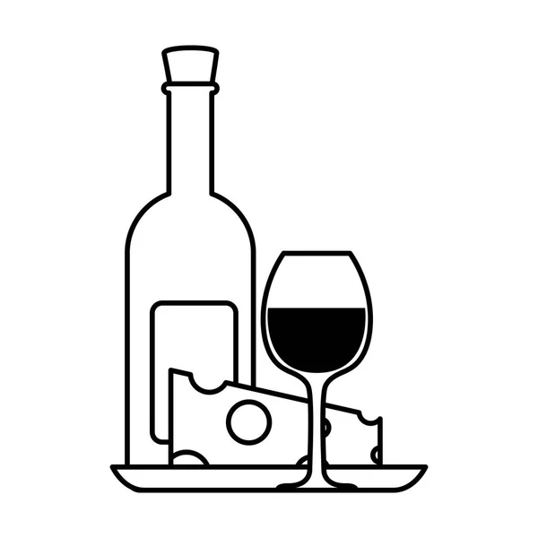 Bottle and glass of wine with piece of cheese — 스톡 벡터