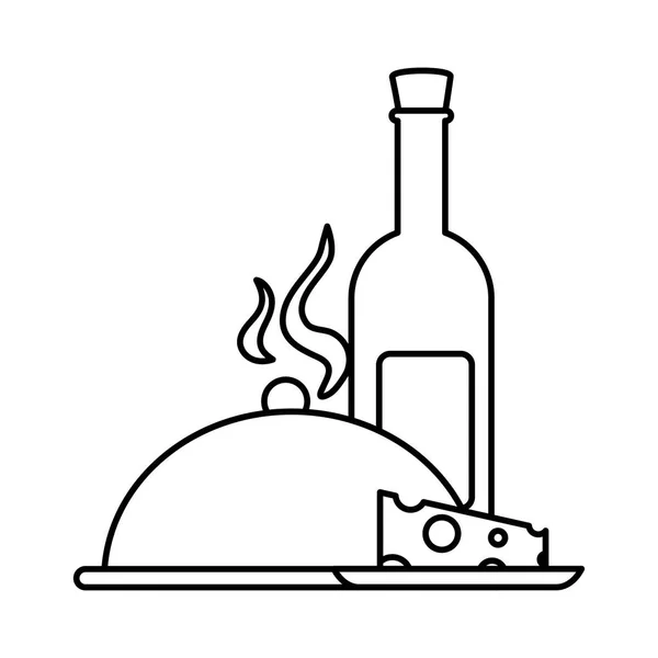 Bottiglia di vino con pezzo di formaggio e vassoio server su sfondo bianco — Vettoriale Stock