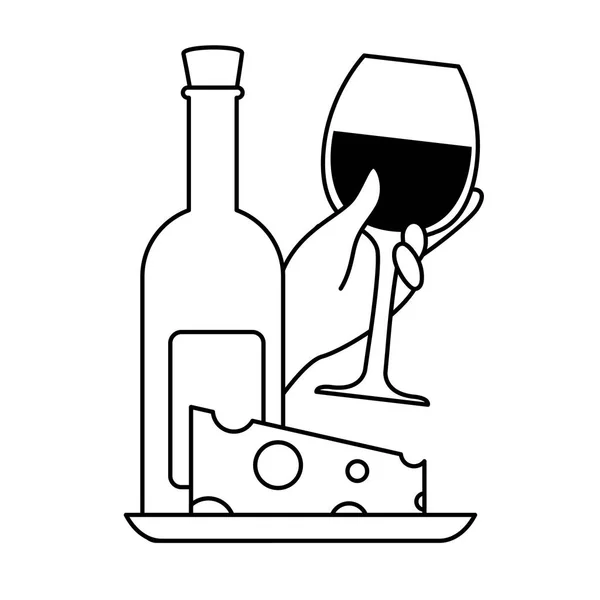 Botella y copa de vino con trozo de queso — Vector de stock