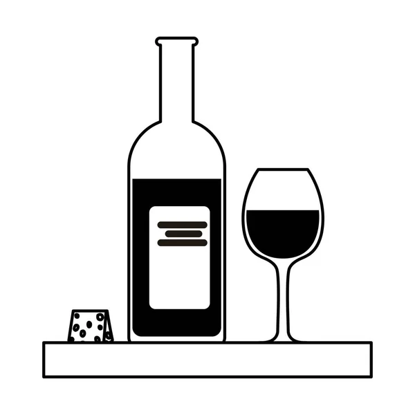 Bir şişe şarap ve bir parça peynirli — Stok Vektör