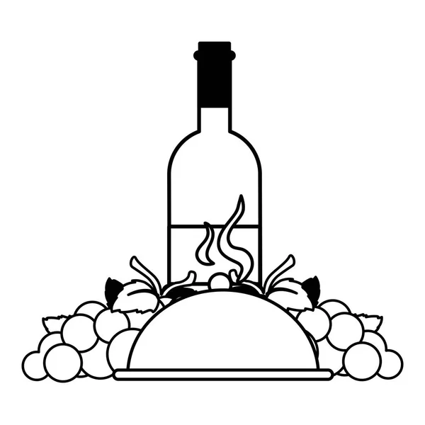 Vinho garrafa com uvas e bandeja servidor no fundo branco —  Vetores de Stock