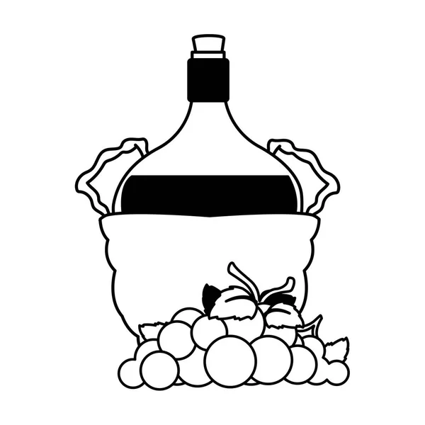 Μπουκάλι κρασί σε ψάθινο καλάθι και σταφύλια σε λευκό φόντο — Διανυσματικό Αρχείο