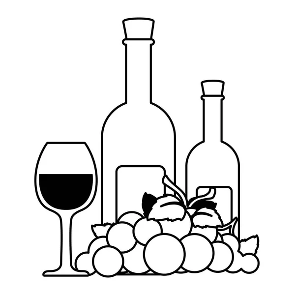 Garrafa e copo de vinho com uvas — Vetor de Stock