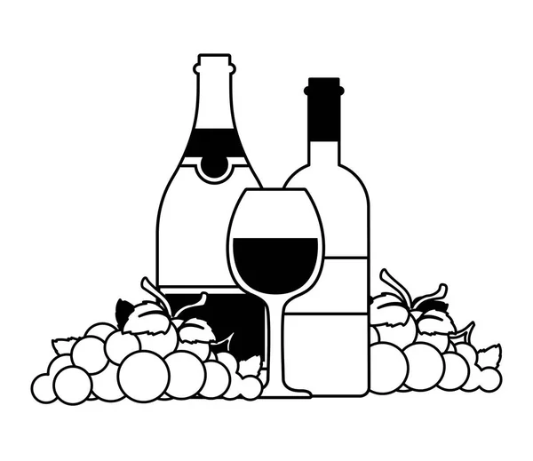 Botella y copa de vino con uvas — Vector de stock