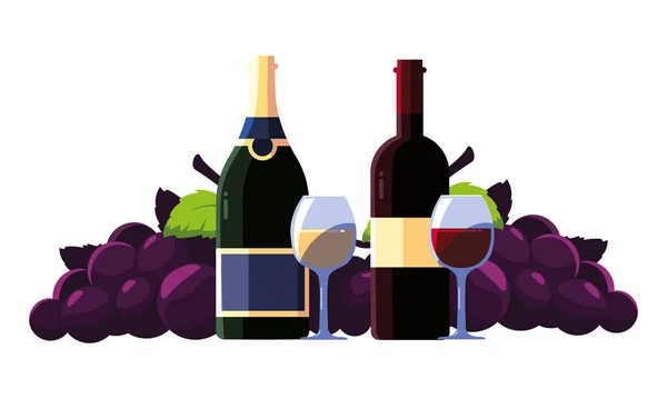 Bouteille et verre de vin avec raisins — Image vectorielle