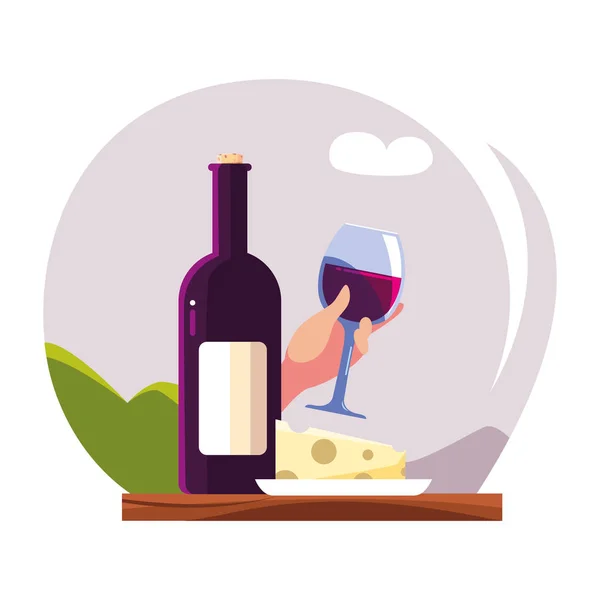 Bouteille et verre de vin avec morceau de fromage — Image vectorielle