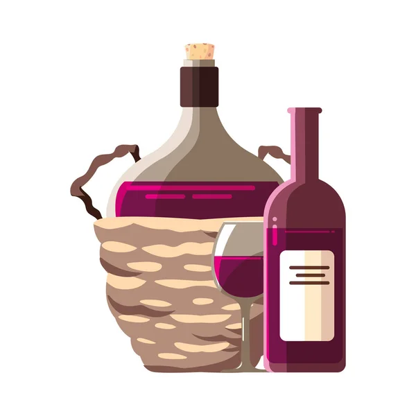 Bottle of wine in wicker basket on white background — ストックベクタ