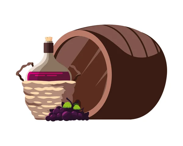 Garrafa de vinho em cesta de vime e uvas em fundo branco —  Vetores de Stock