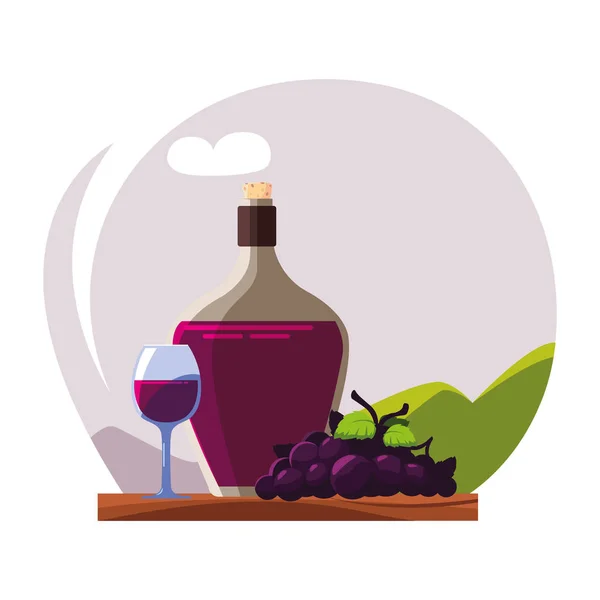 Botella y copa de vino con uvas — Archivo Imágenes Vectoriales