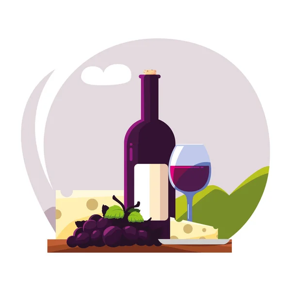 Bottiglia e bicchiere di vino con pezzo di formaggio e uva — Vettoriale Stock