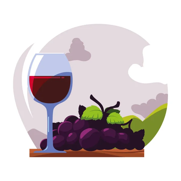 Wine glass with grapes on background landscape — 스톡 벡터