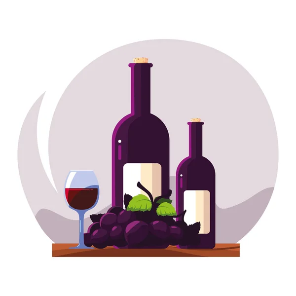 Bottle and glass of wine with grapes — Stock Vector
