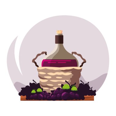 Hasır sepette bir şişe şarap ve üzüm.