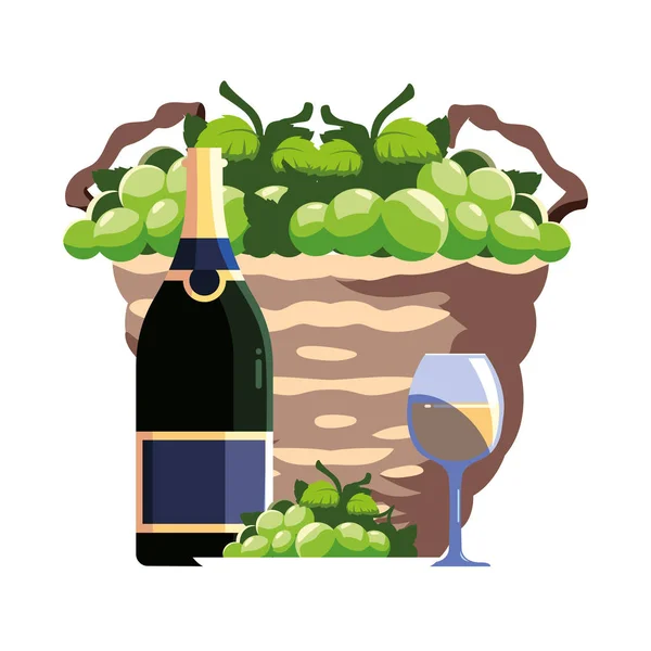 Bottle and glass of wine with grapes in wicker basket — Stock Vector