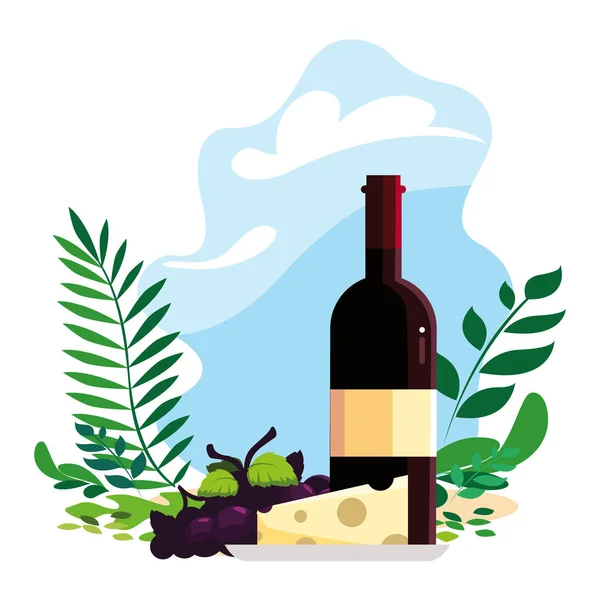 Bottiglia di vino con formaggio e uva — Vettoriale Stock
