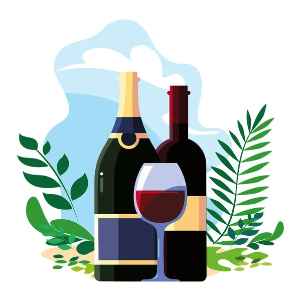 Bottle and glass of wine with background landscape — Stock Vector
