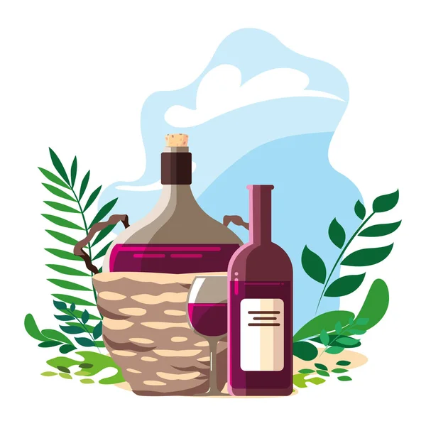 Arka planda hasır sepette şarap şişesi