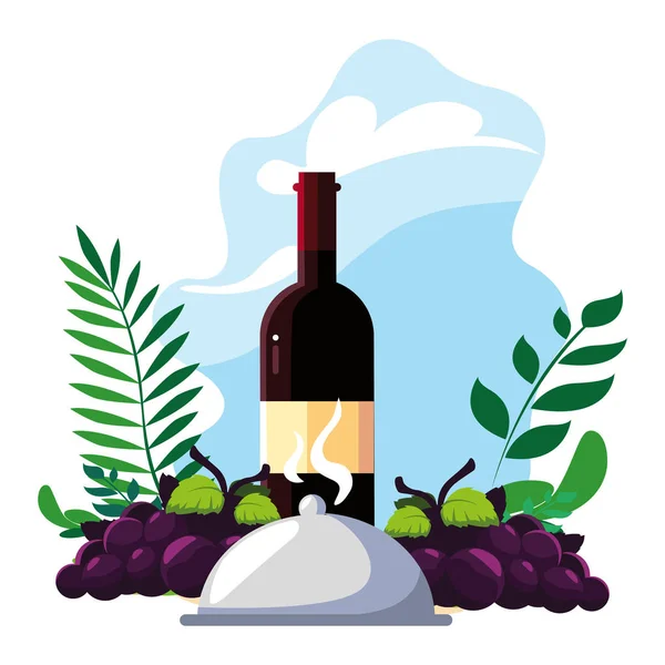 Vinho garrafa com uvas e bandeja servidor — Vetor de Stock