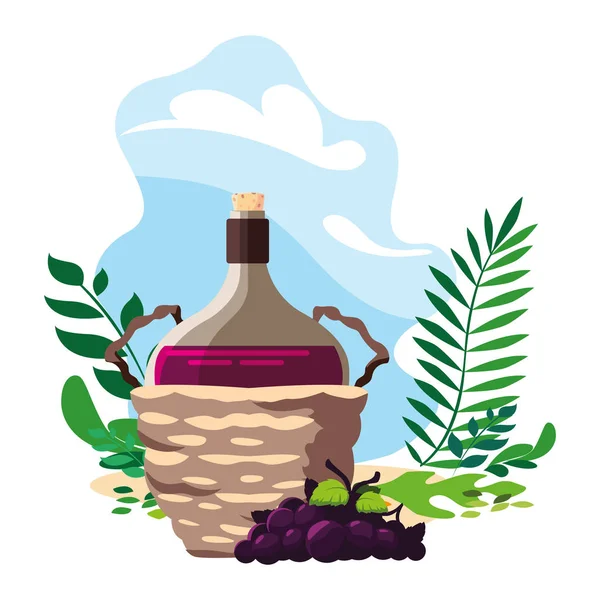 Botella de vino en canasta de mimbre y uvas — Vector de stock