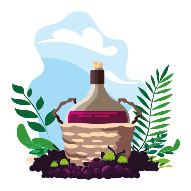 Hasır sepette bir şişe şarap ve üzüm.