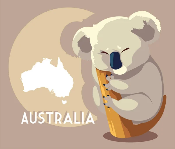 Lindo koala con mapa de australia en el fondo — Vector de stock